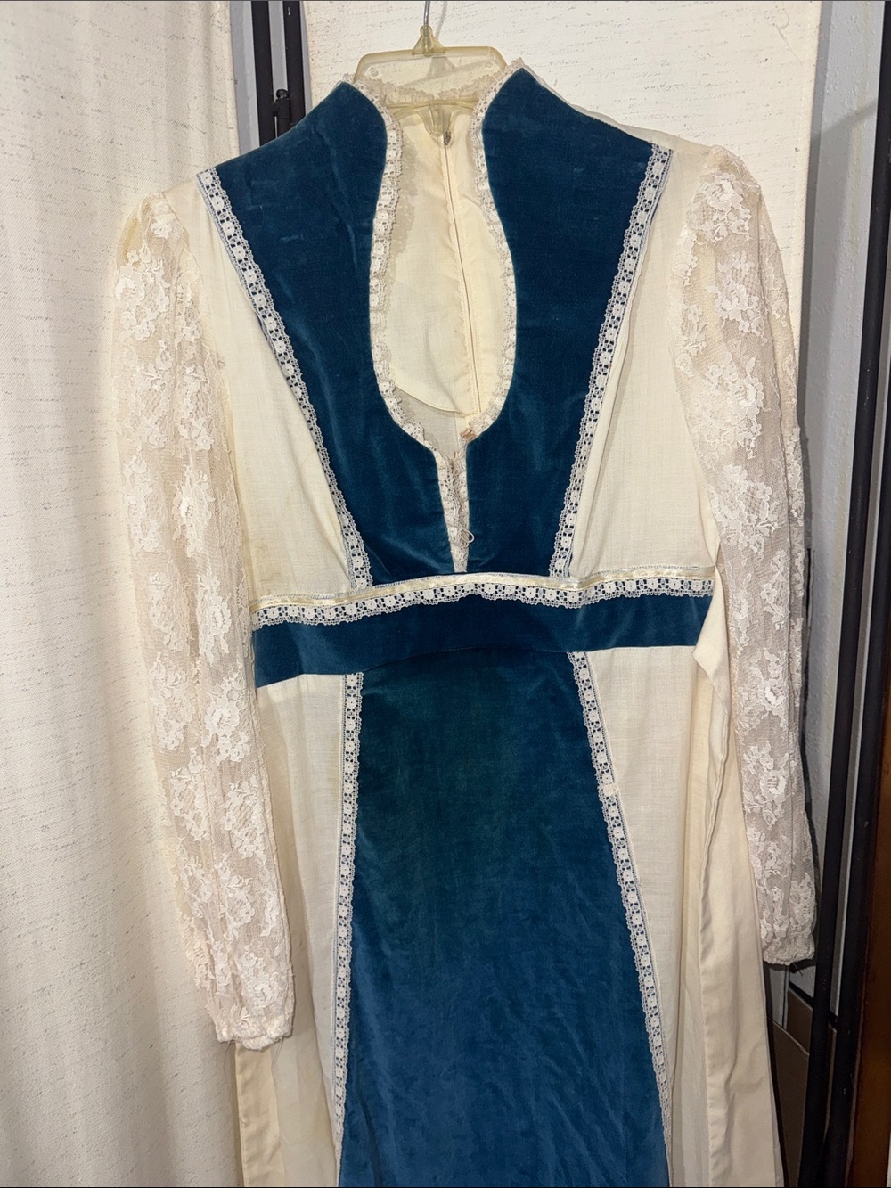 Vintage Bohemian 70s Maxi Dress Blue Velvety Bodice as is